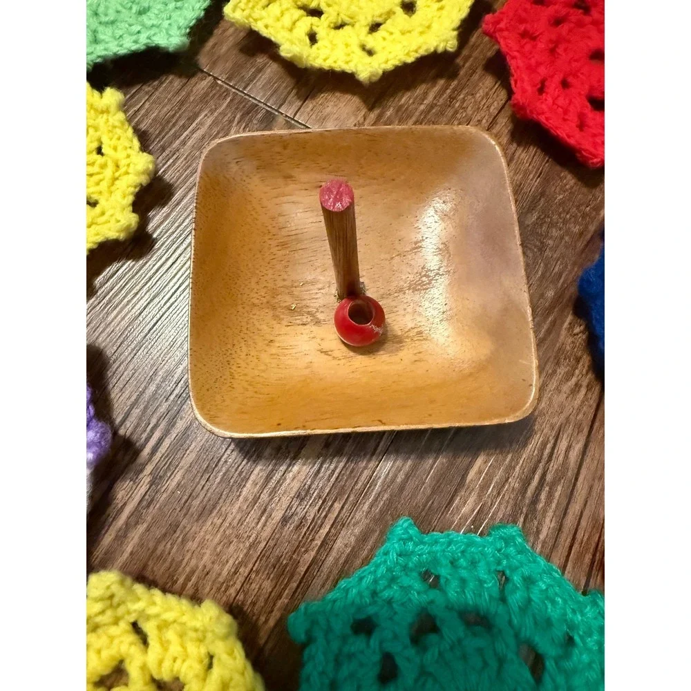 Vintage Handmade Crochet Coaster Set 9 pc Rainbow Star with Wooden Spindle Base